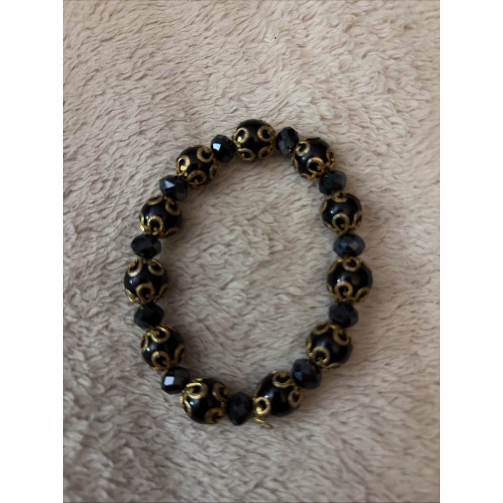 Black And Goldtone Beaded Stretch Bracelet - Picture 2 of 3